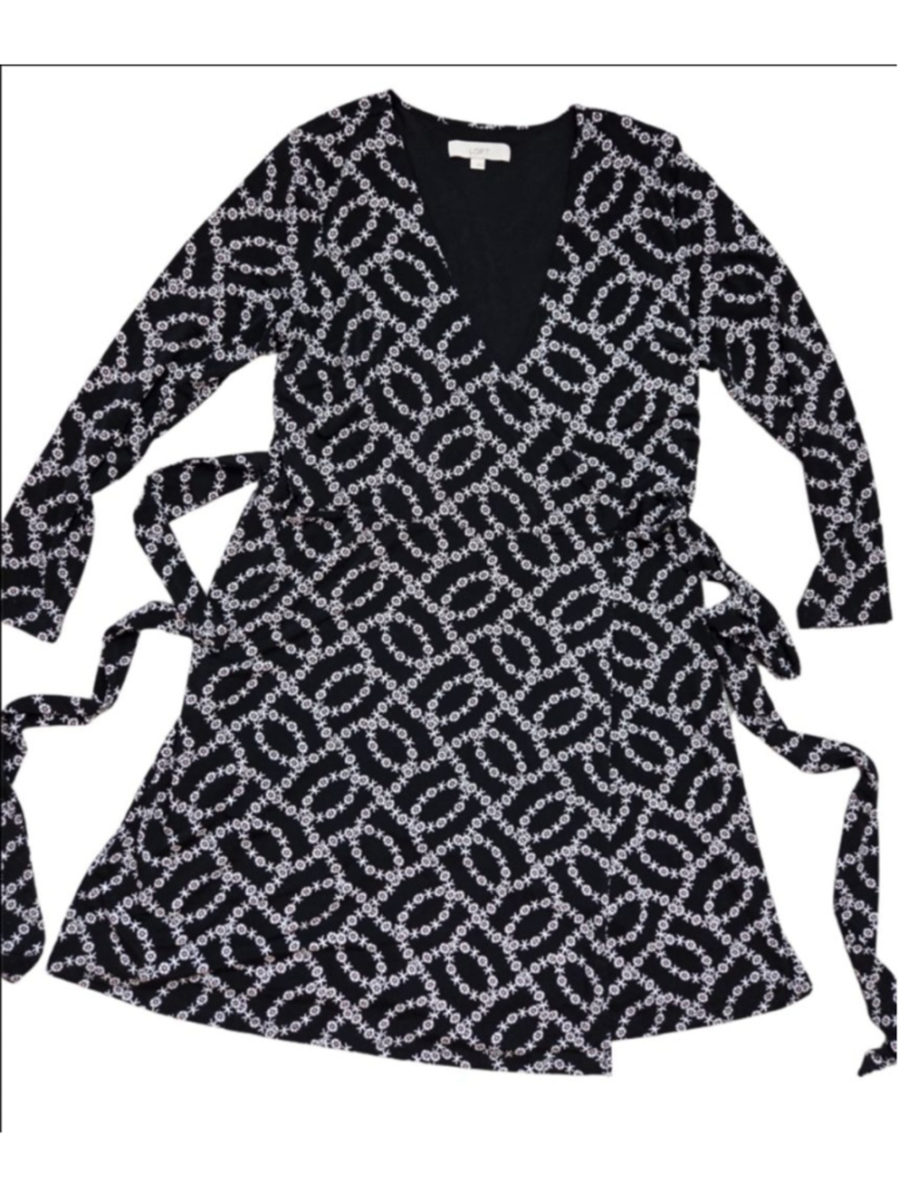 Women's LOFT Black White Floral Long Sleeve Wrap Dress L